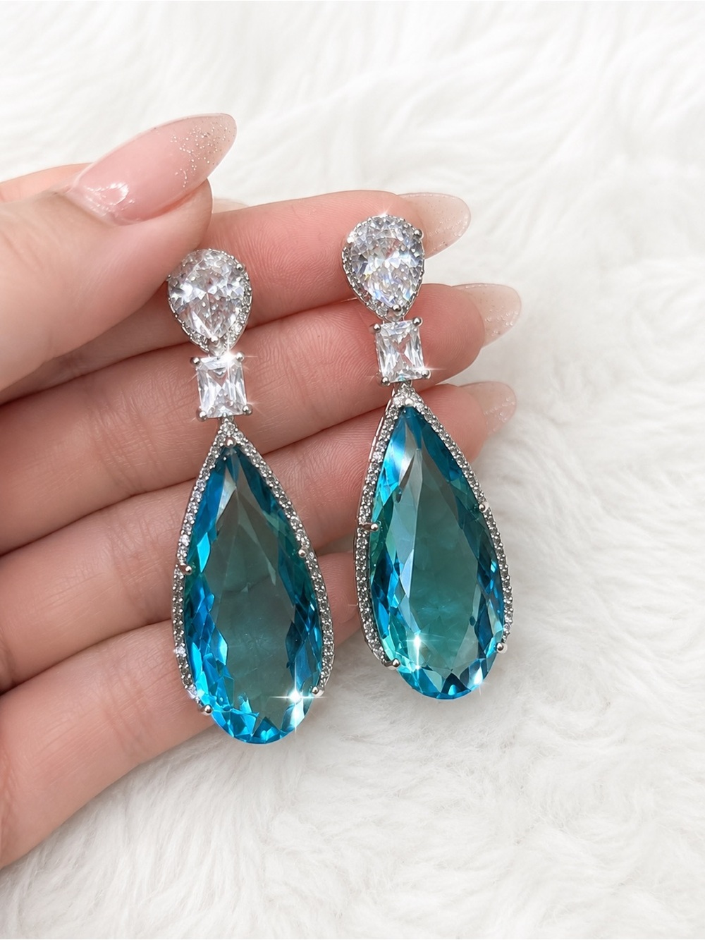 Crystal Teardrop Blue Dangle Earrings - Elegant Women's Jewelry